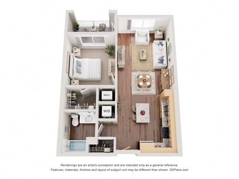 Floor plan for 1 bed, 1 bath, 688 sqft